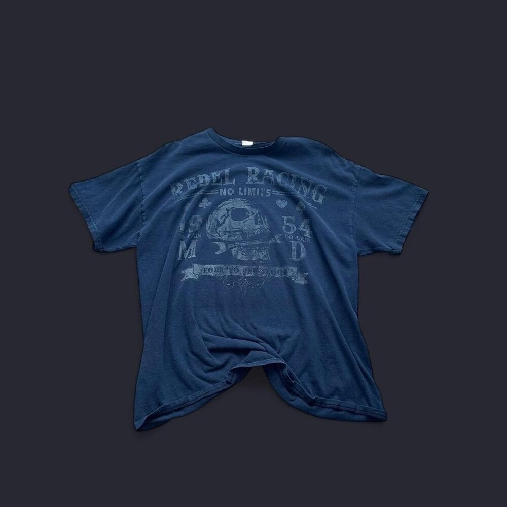 faded black Rebel Racing T-shirt with a vintage vibe vibes